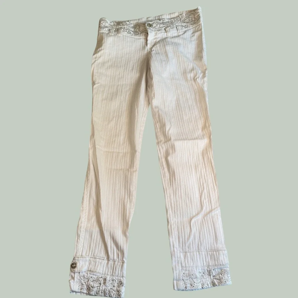 Cheviotto Capri Pants Y2K White Cotton Blend Embroidered Rhinestone Size 27W